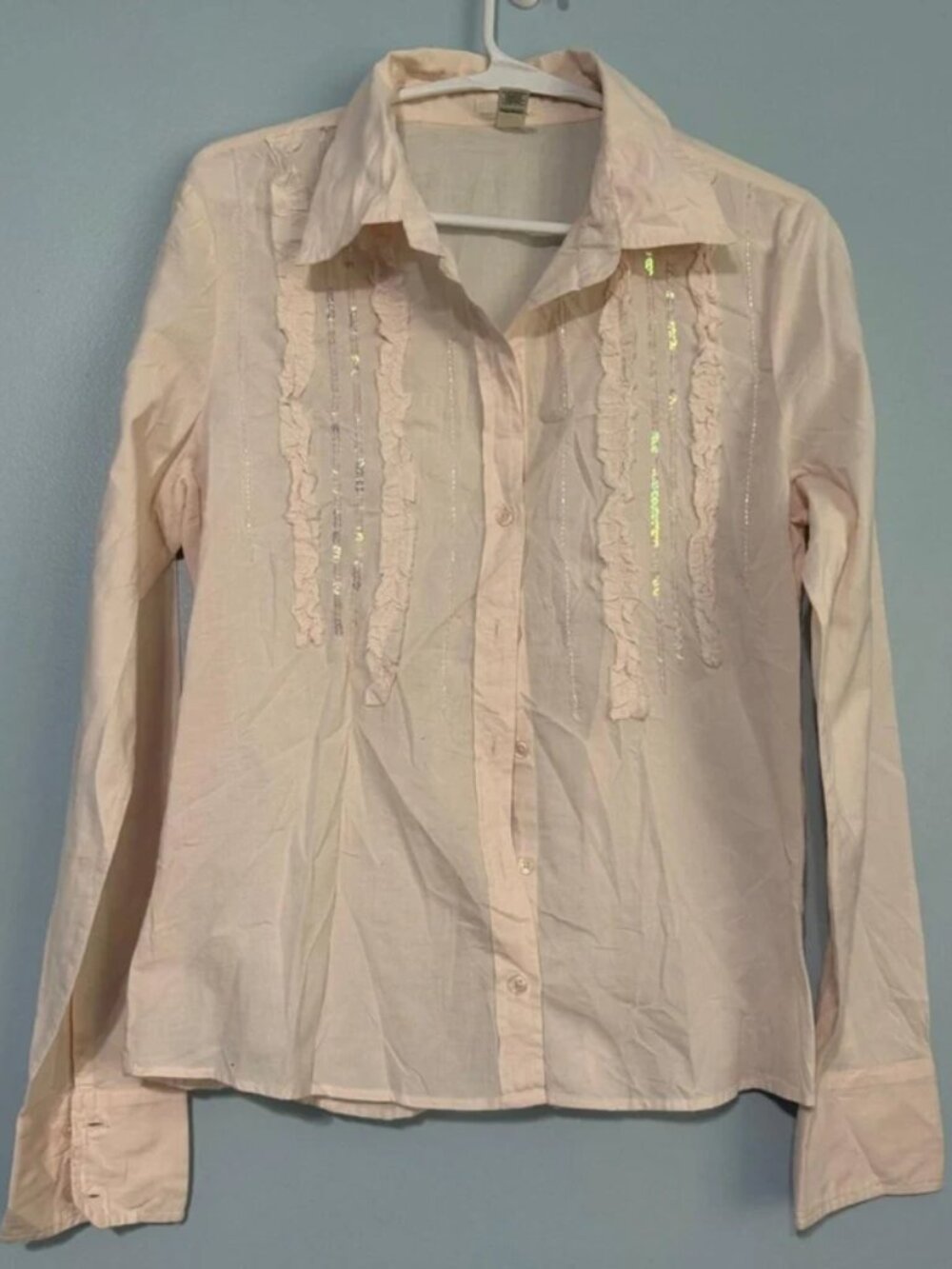 Old Navy Light Pink Ruffle Sequin Long Sleeve Button Up Shirt Size M